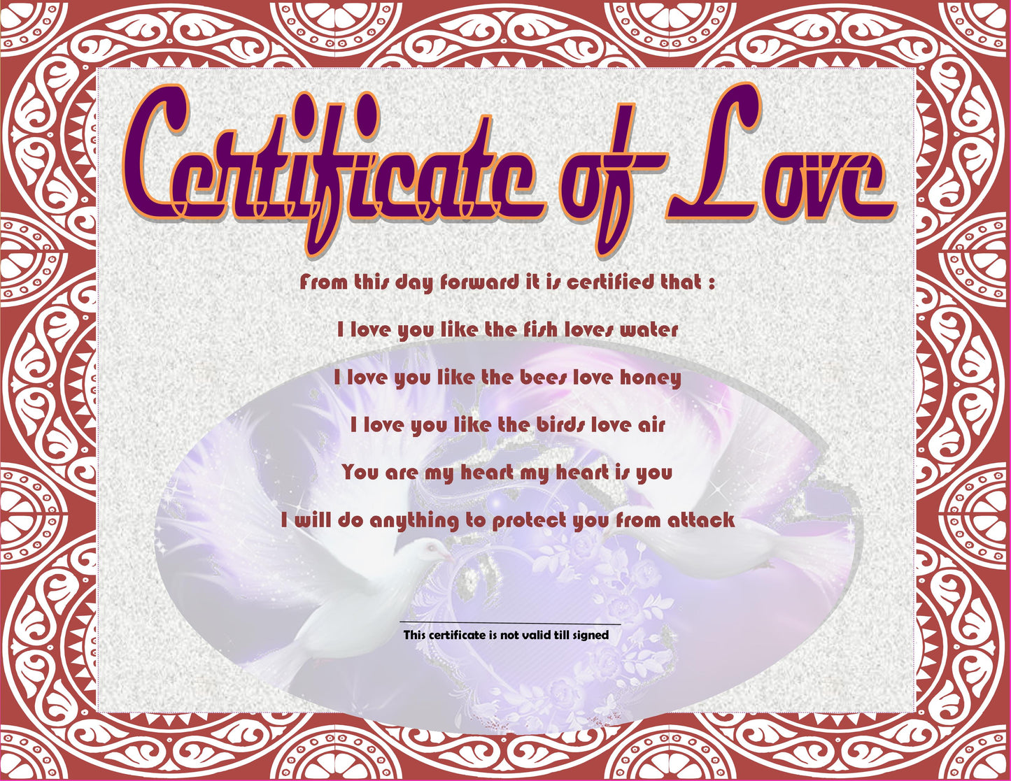 Certificate of Love Pink, Blue, Purple, Orange, Brown for Valentine's day, birthday, anniversary day, proposal day