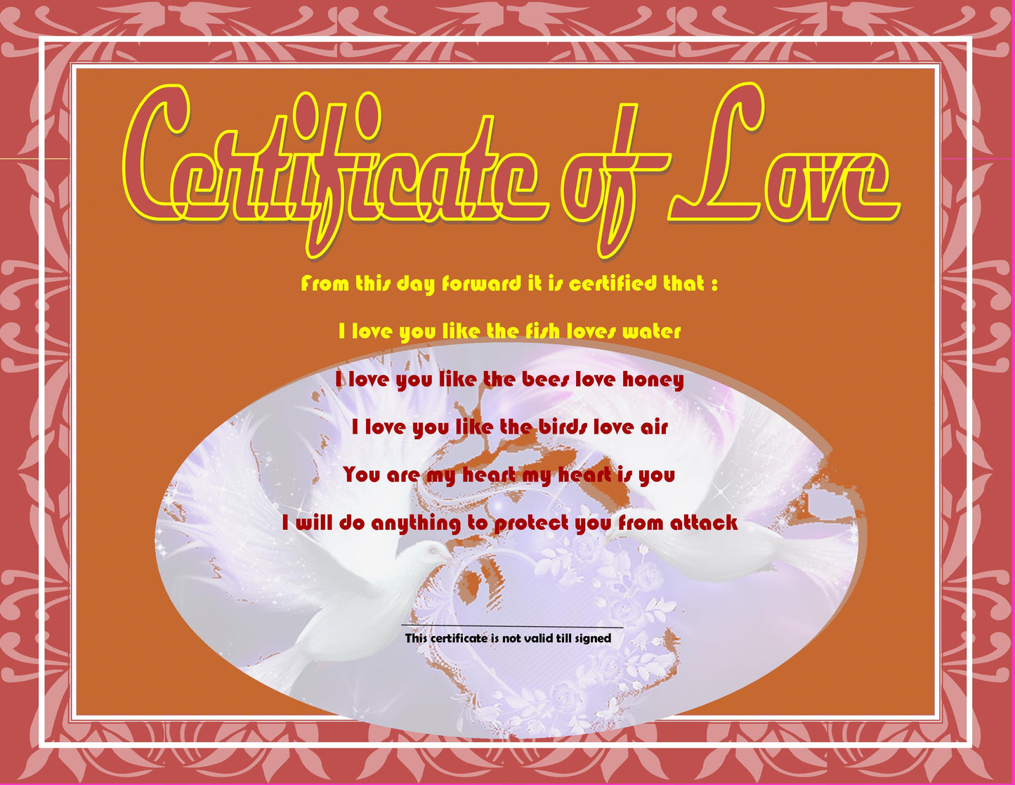 Certificate of Love Pink, Blue, Purple, Orange, Brown for Valentine's day, birthday, anniversary day, proposal day