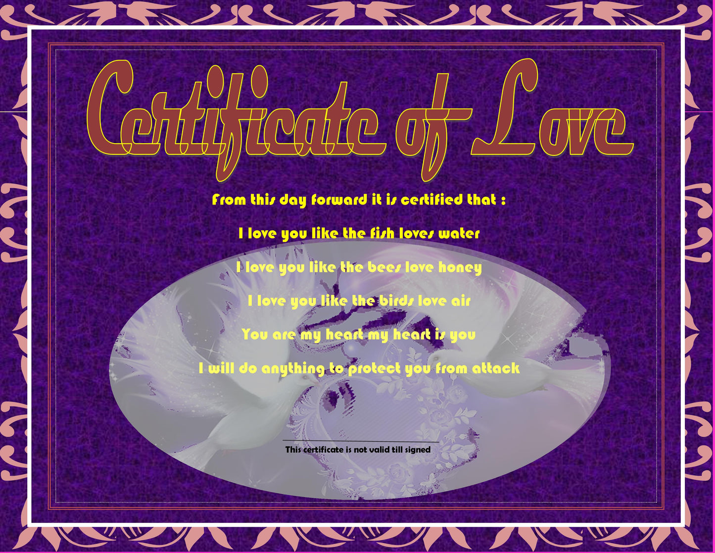 Certificate of Love Pink, Blue, Purple, Orange, Brown for Valentine's day, birthday, anniversary day, proposal day