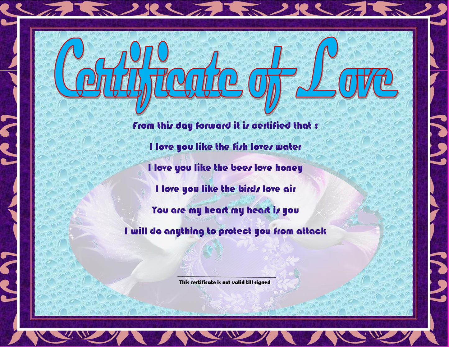 Certificate of Love Pink, Blue, Purple, Orange, Brown for Valentine's day, birthday, anniversary day, proposal day