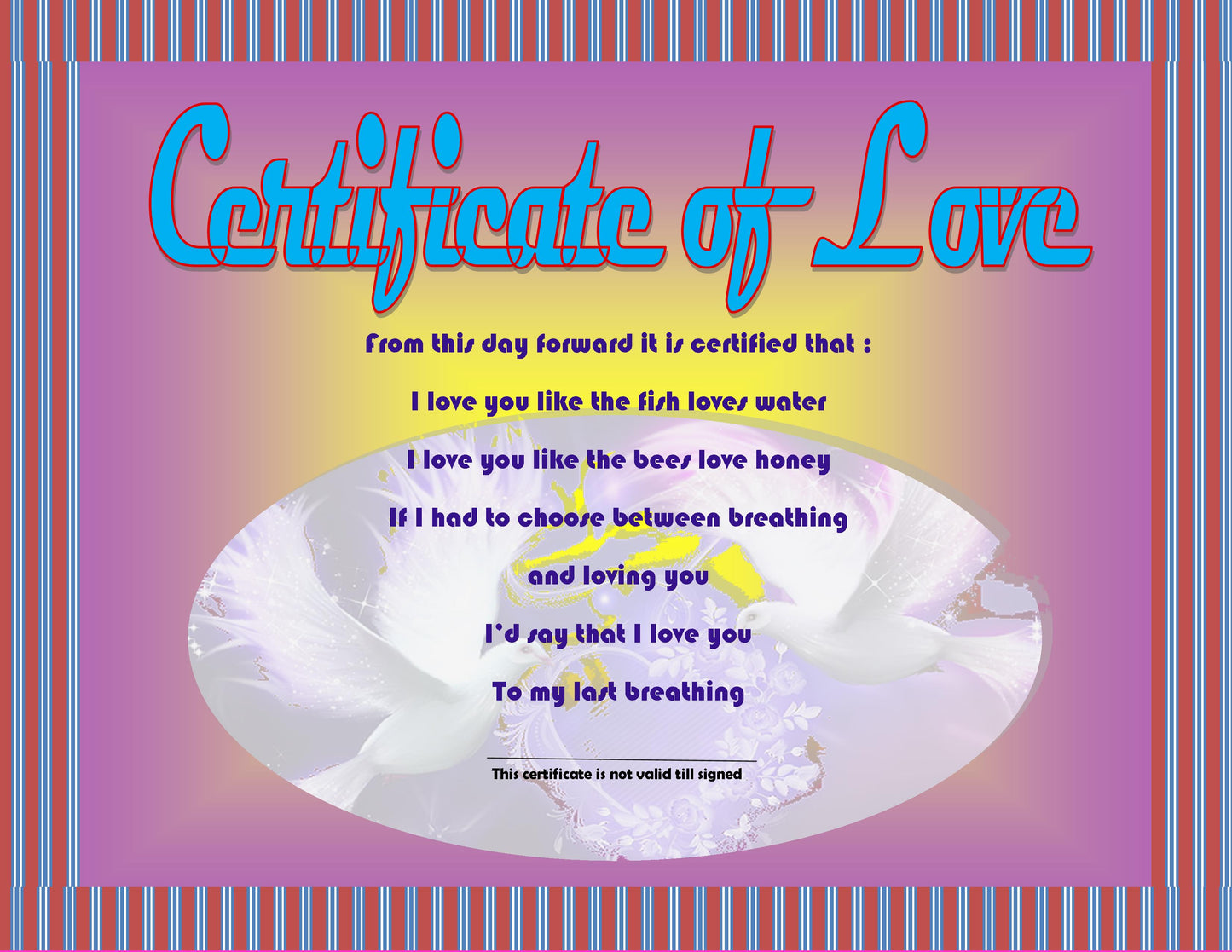 Certificate of Love Pink, Blue, Purple, Orange, Brown for Valentine's day, birthday, anniversary day, proposal day